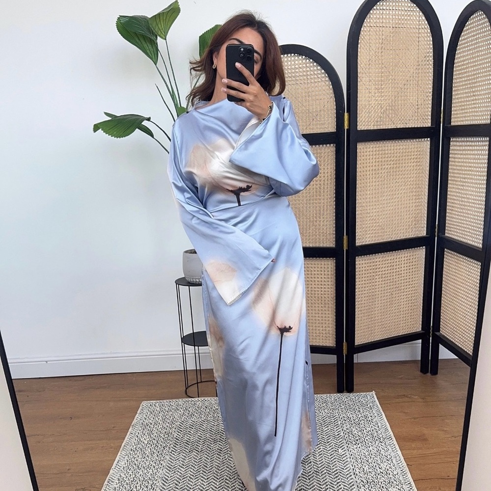 Elegant Blue and White Satin Dress